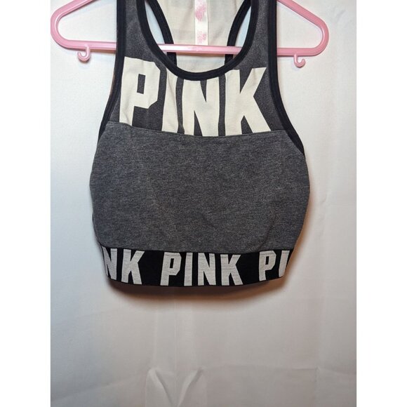 Victoria's Secret Pink Logo Racerback Bra/Crop Top Gray Black Women Size Small - Picture 2 of 13